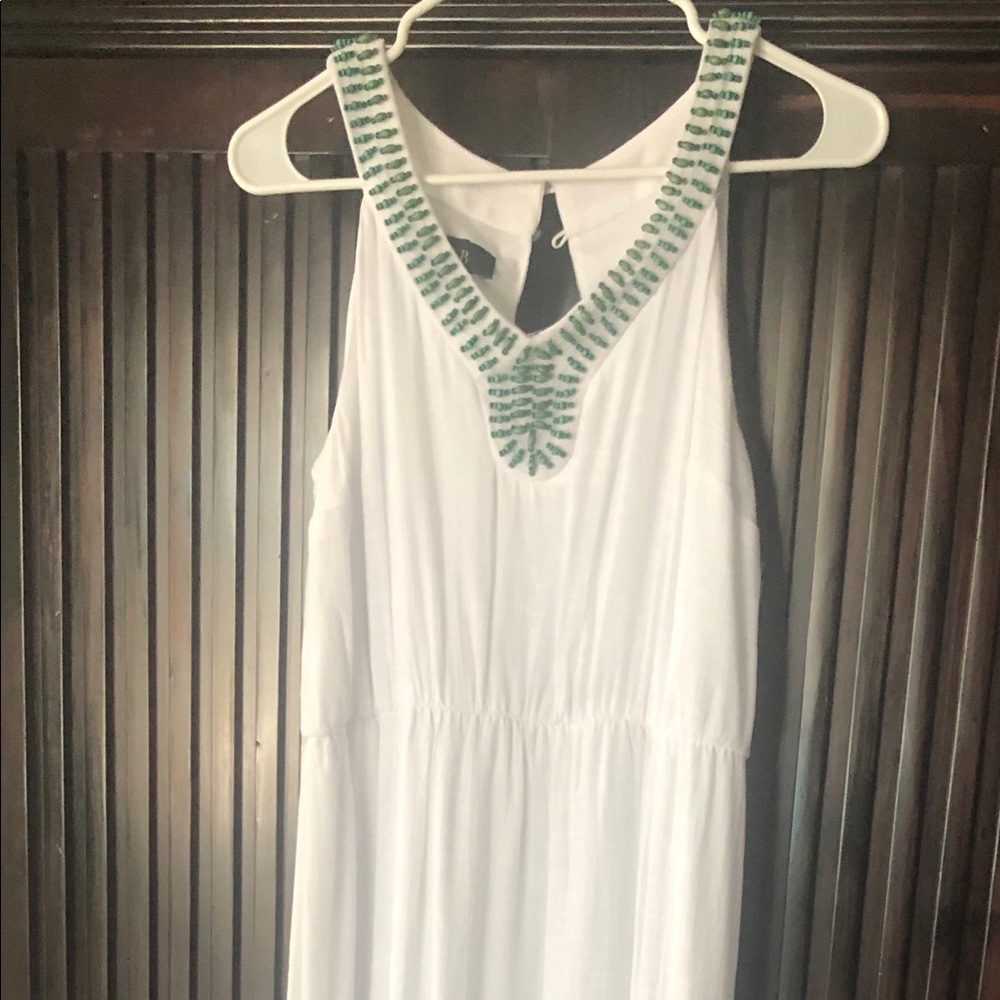 Long white summer dress w/turquoise beading.
